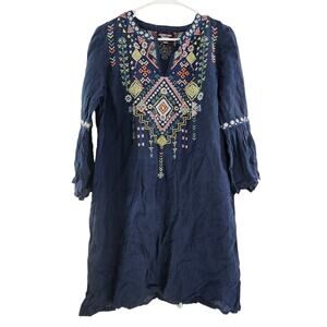 JOHNNY WAS WORKSHIP SMALL MEGAN FLARE BOHO V-NECK LONG SLEEVE TUNIC DRESS